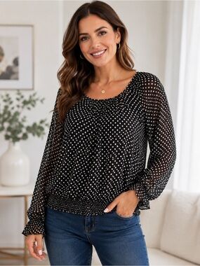 Chiffon Polka Dot Women's Top 2x Alyx Sheer Ruffled Sleeves Lined Bodice